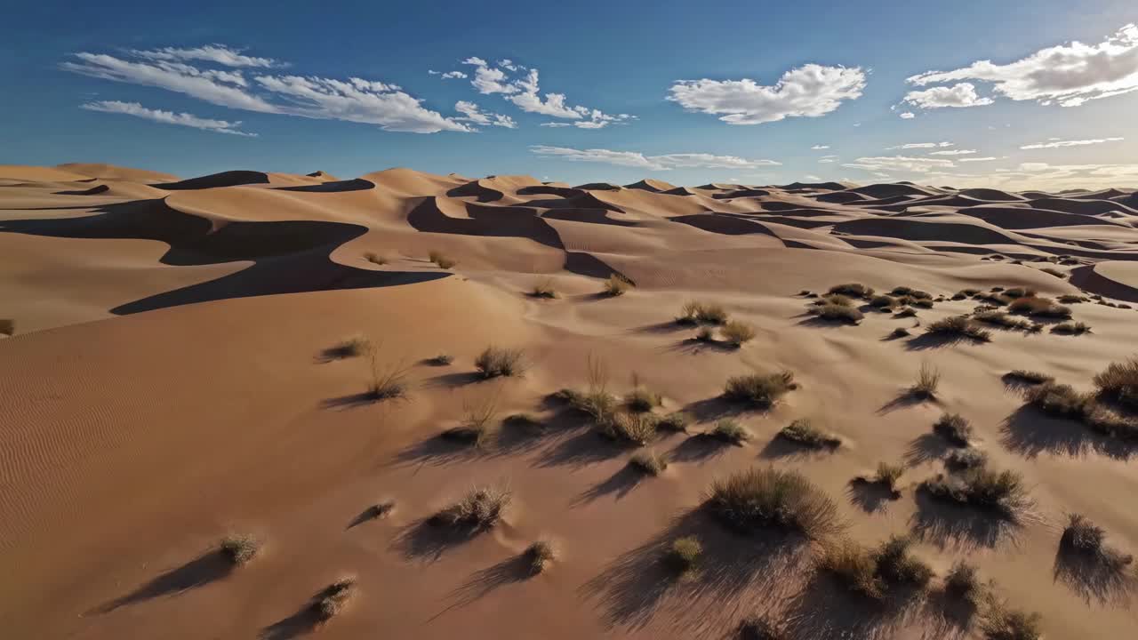 Vista aerea di vaste dune desertiche sotto un cielo azzurro, che cattura ombre e texture