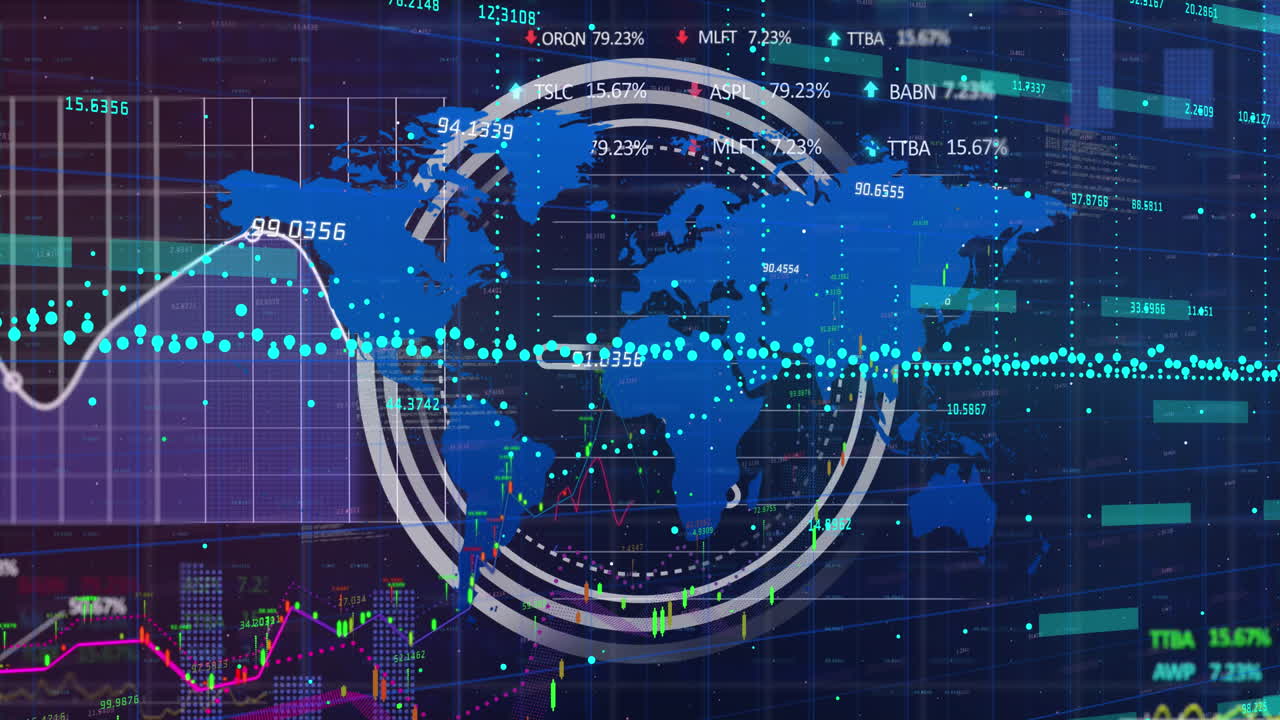 Animation of financial data processing over world map