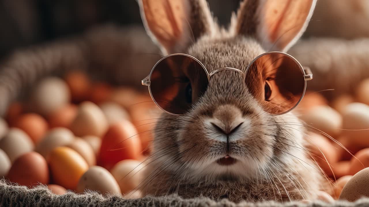 Um coelho estiloso com óculos de sol redondos posando em meio a uma coleção colorida de ovos, exibindo uma mistura caprichosa de charme animal e estética lúdica.