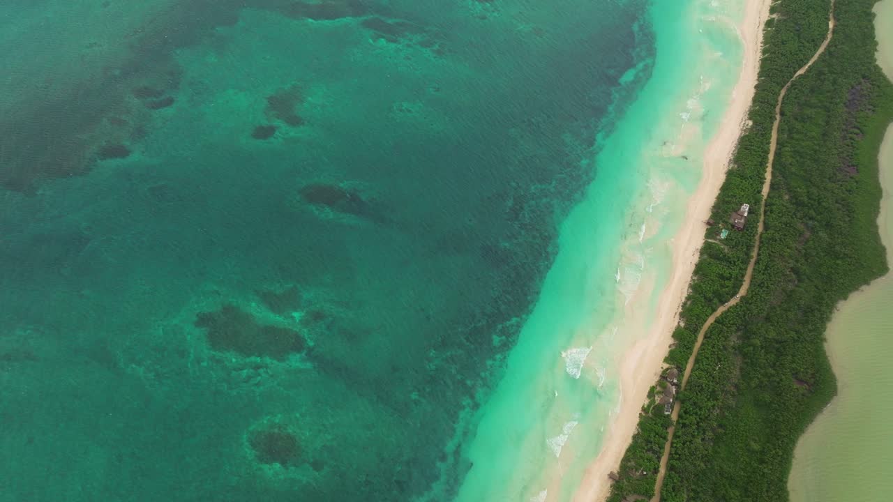 Tulum’s Beaches – Aerial View of Turquoise Water and White Sand