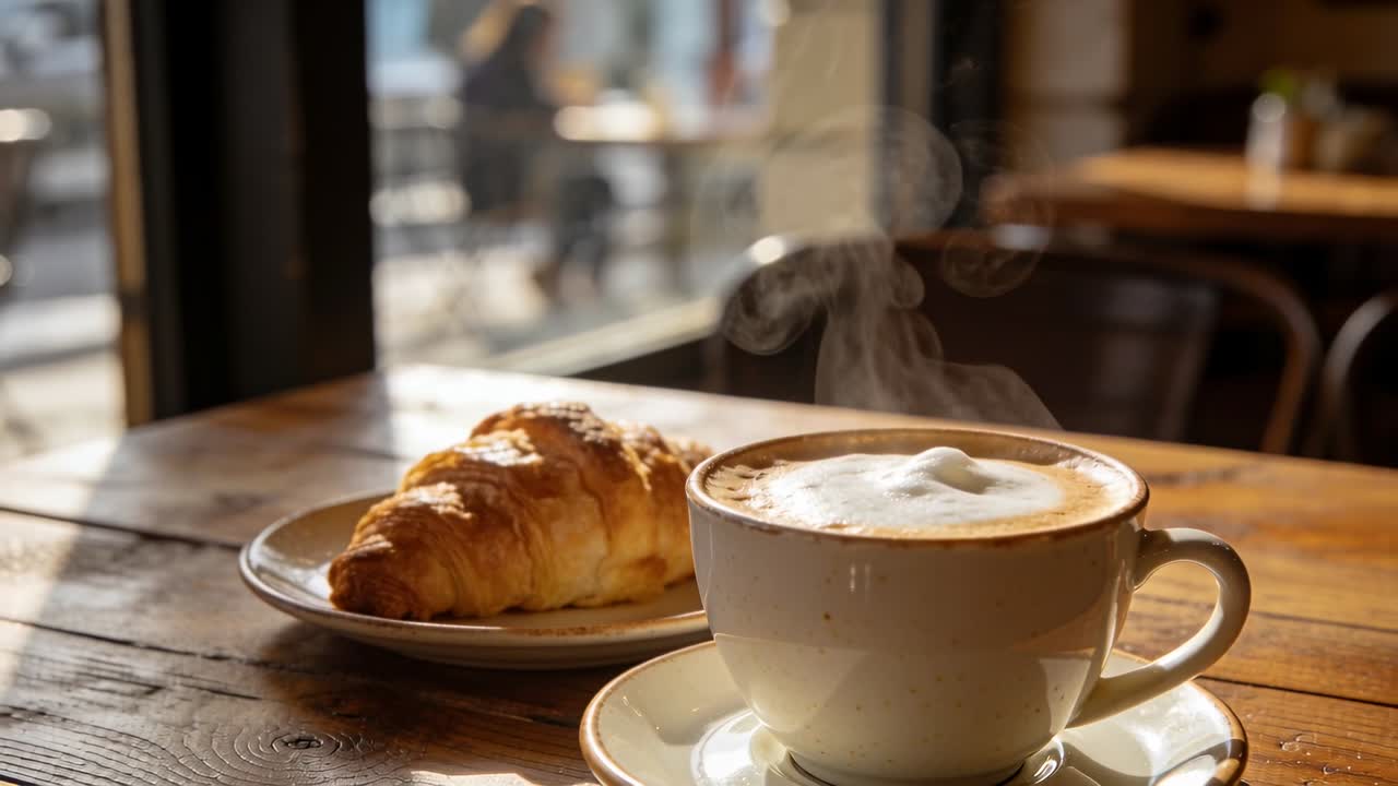 Kamera filmt eine weiße Cappuccino-Tasse und ein Buttercroissant am Caféfenster, wobei der aufsteigende Dampf eingefangen wird.