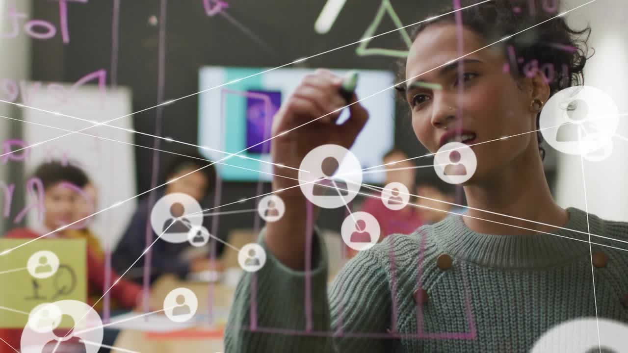 Presenter writing on clear glass, sparking nodes expanding, covering tech slide for planning