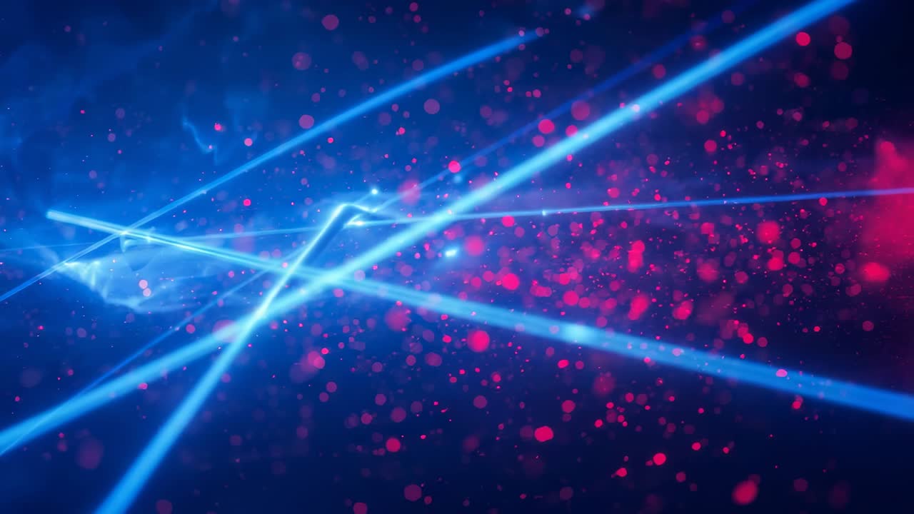 Emerging neon-blue beam sweeping diagonal in void, weaving lattice with drifting red particles