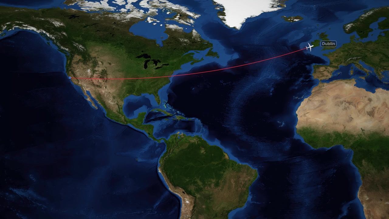 Satellite world map animation tracking a plane flying from San Francisco to Dublin.