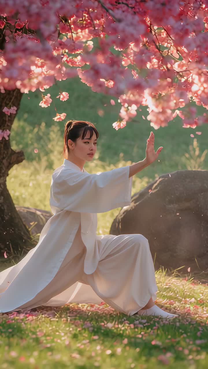 Vertical video: Moving woman from kneel into squat at park under cherry bloom in robe for calm