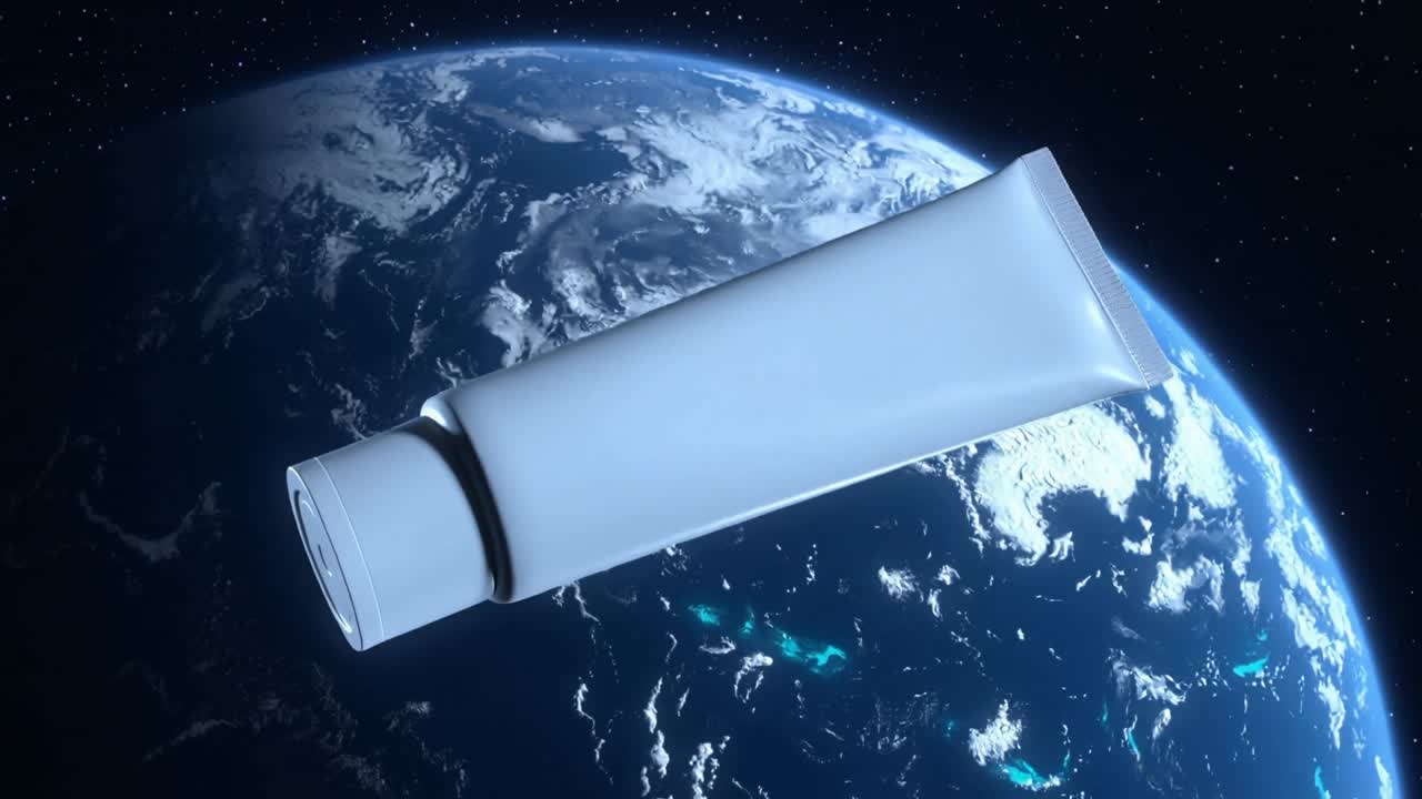 Dünya üzerinde dönerken yaklaşan beyaz sıkma tüpü, reklam amacıyla kapağını sergiliyor.