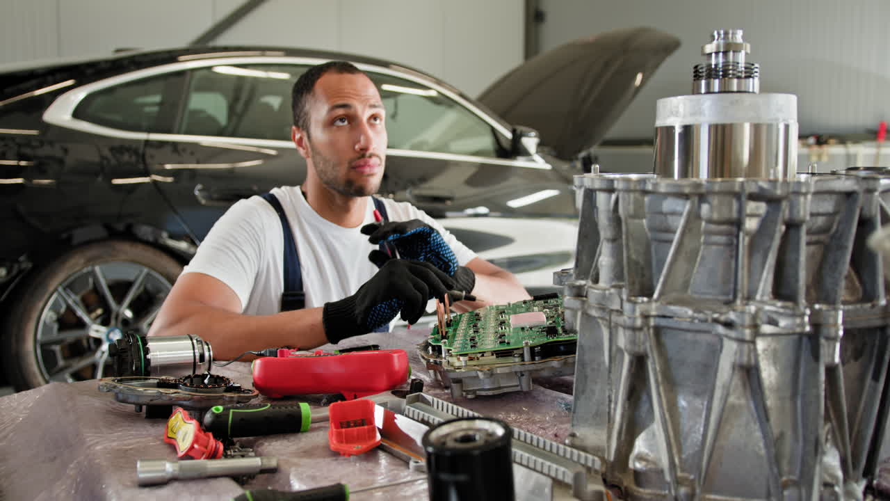 mecánico de automóviles trabajando en una transmisión de vehículo eléctrico moderno