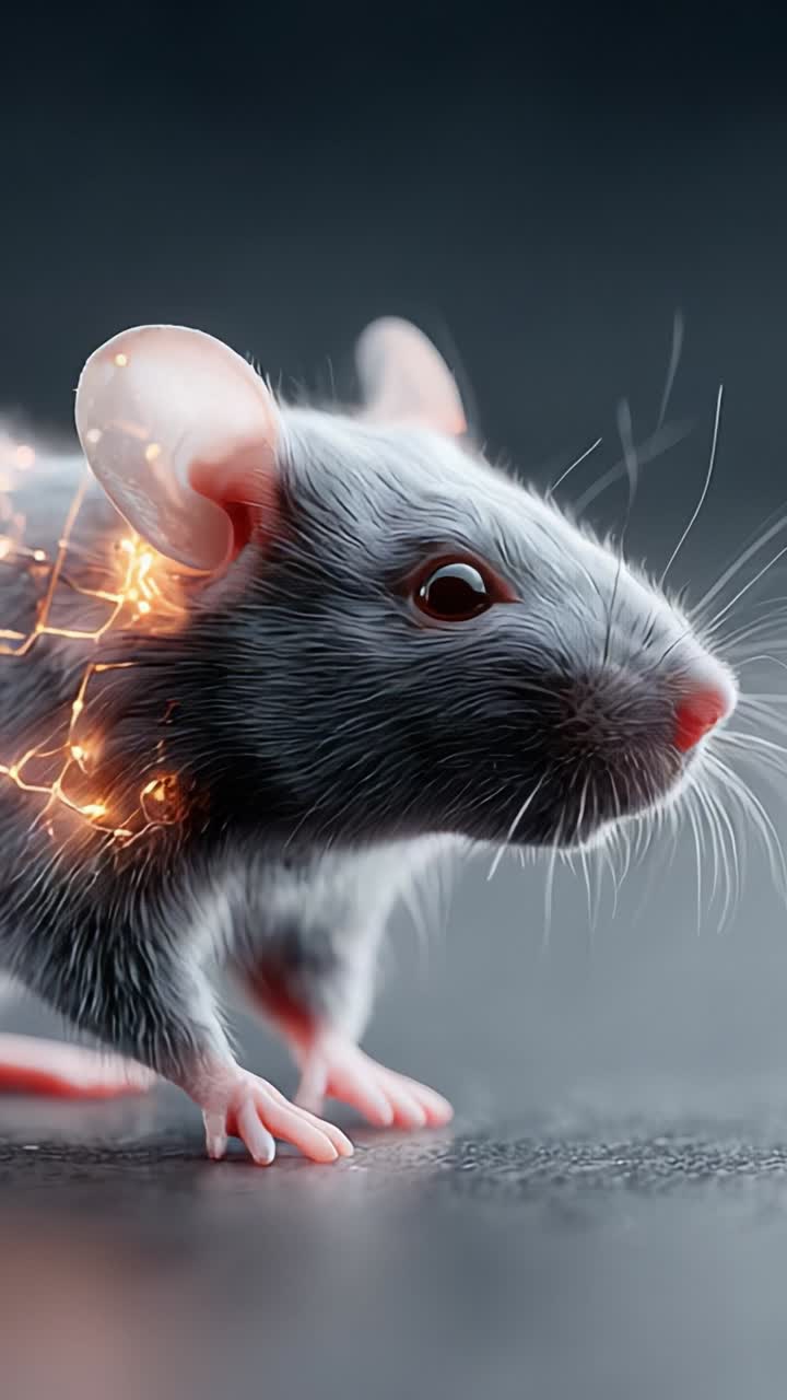 Una straordinaria esplorazione visiva di un topo con onde di energia elettrizzante che enfatizza l'intricata connessione tra natura e tecnologia in una prospettiva unica