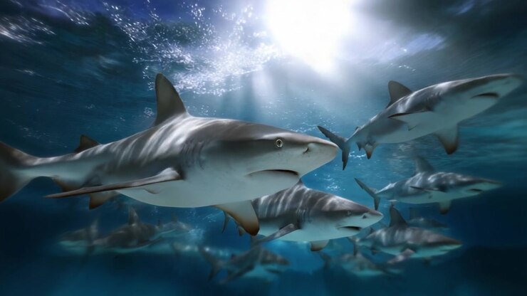 A Dynamic Underwater Scene Featuring a School of Sharks Swimming Gracefully Beneath Sunlit Waters, Showcasing Their Majesty and Power in the Ocean Environment