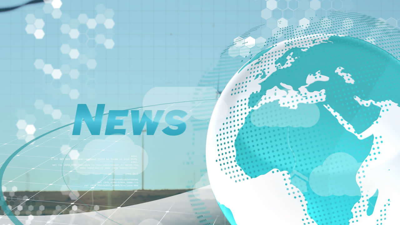 Animation of digital globe and NEWS text on blue background with hexagonal patterns