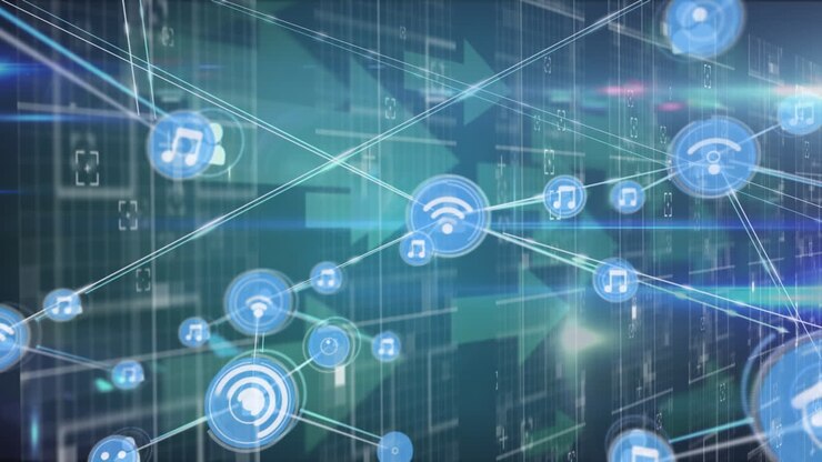 Animation of network of connections with icons over arrows