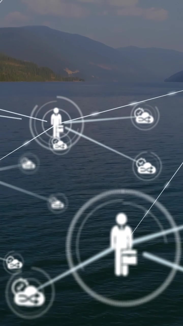Dot appearing at center resolving into business icon, forming network by sending lines over water