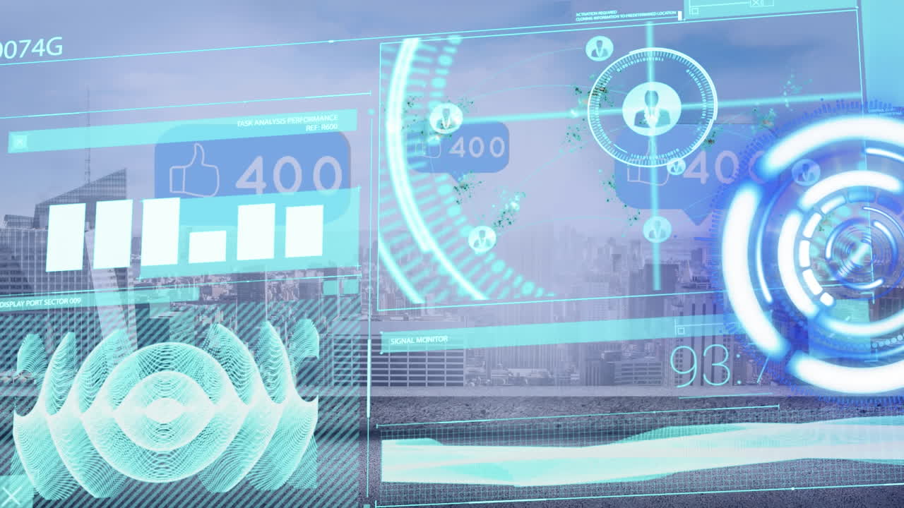 Animation of interface with data processing and social media icons against aerial view of cityscape