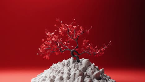 small red flowering bonsai growing on a white rock against a vibrant red background, creating a striking contrast and a sense of tranquility