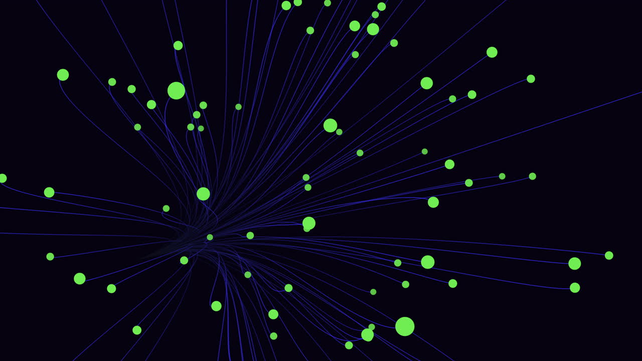 Dynamic abstract footage of a digital data network with glowing green nodes connected by flowing blue lines on a dark background, ideal for technology, AI, big data and connectivity concepts