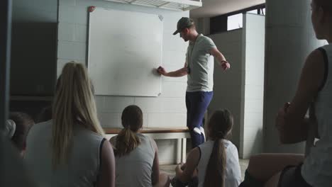 Hockey-coach-explaining-game-plan-with-female-players-in-locker-room