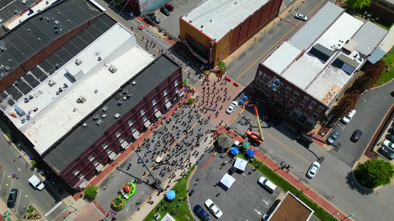 Aerial bird's eye orbit of filming of Holland Michigan movie in downtown Clarksville Tennessee