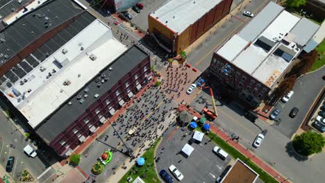 aerial bird's eye orbit of filming of holland michigan movie in downtown clarksville tennessee