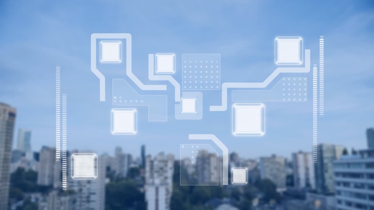 都市の景観に重ねて表示されるコンピュータの回路基板のアニメーション。