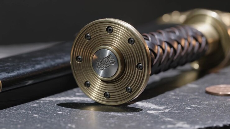 Pulling back camera, brass pommel revealing braided leather handle on stone slab, scabbard, coin