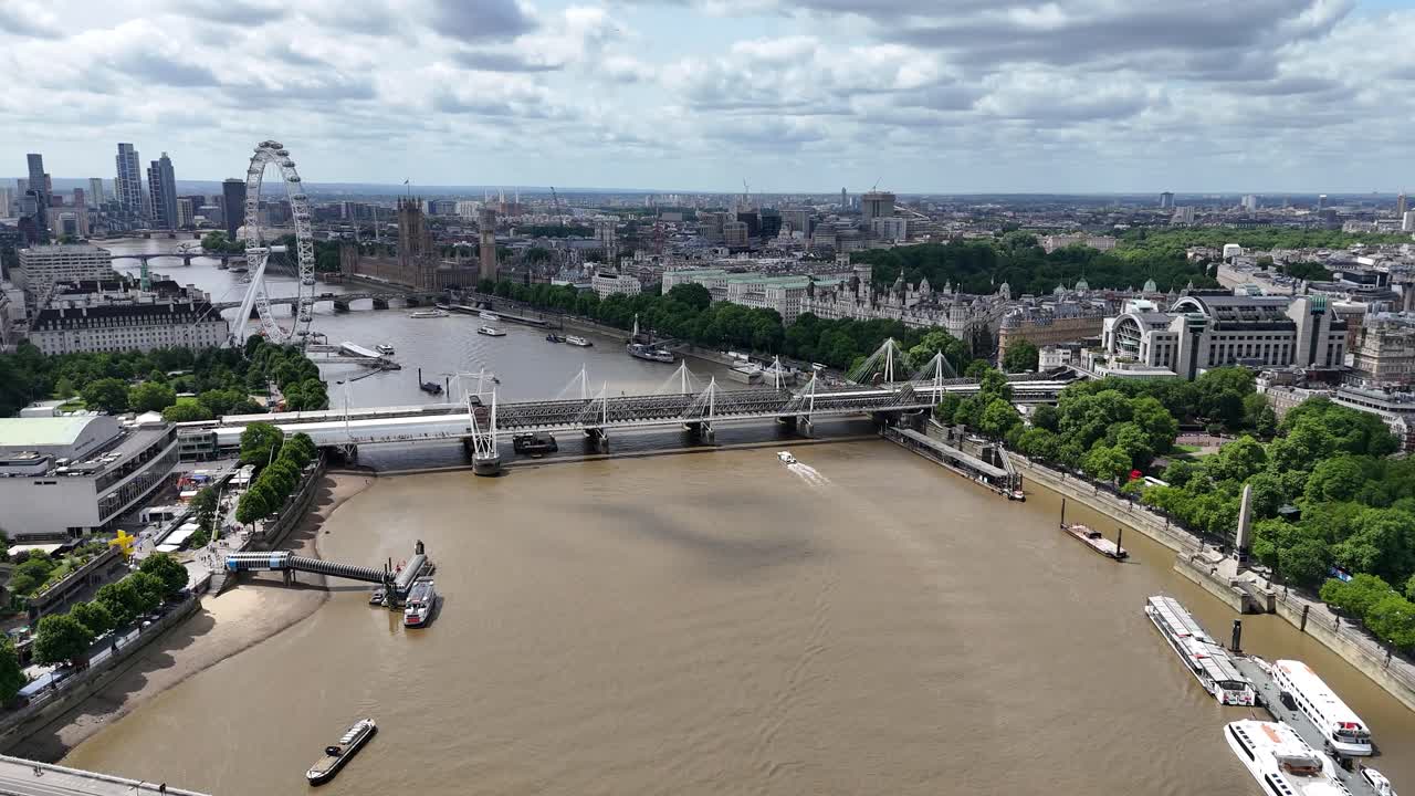 Sweeping aerial views of Waterloo Bridge, the River Thames, Charing Cross Station, and the iconic London Eye. Capturing London's vibrance from the cloudy sky, perfect for cinematic cityscapes.