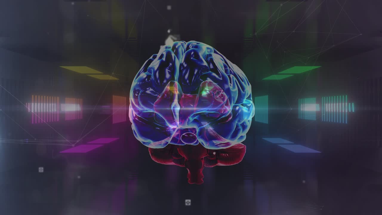 Human brain spinning over glowing tunnel in seamless pattern against black background