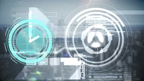 Animation-of-clock-moving-over-processing-circle,-data-and-cityscape