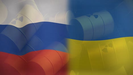 Animation-Der-Flaggen-Russlands-Und-Der-Ukraine-über-Atomfässern