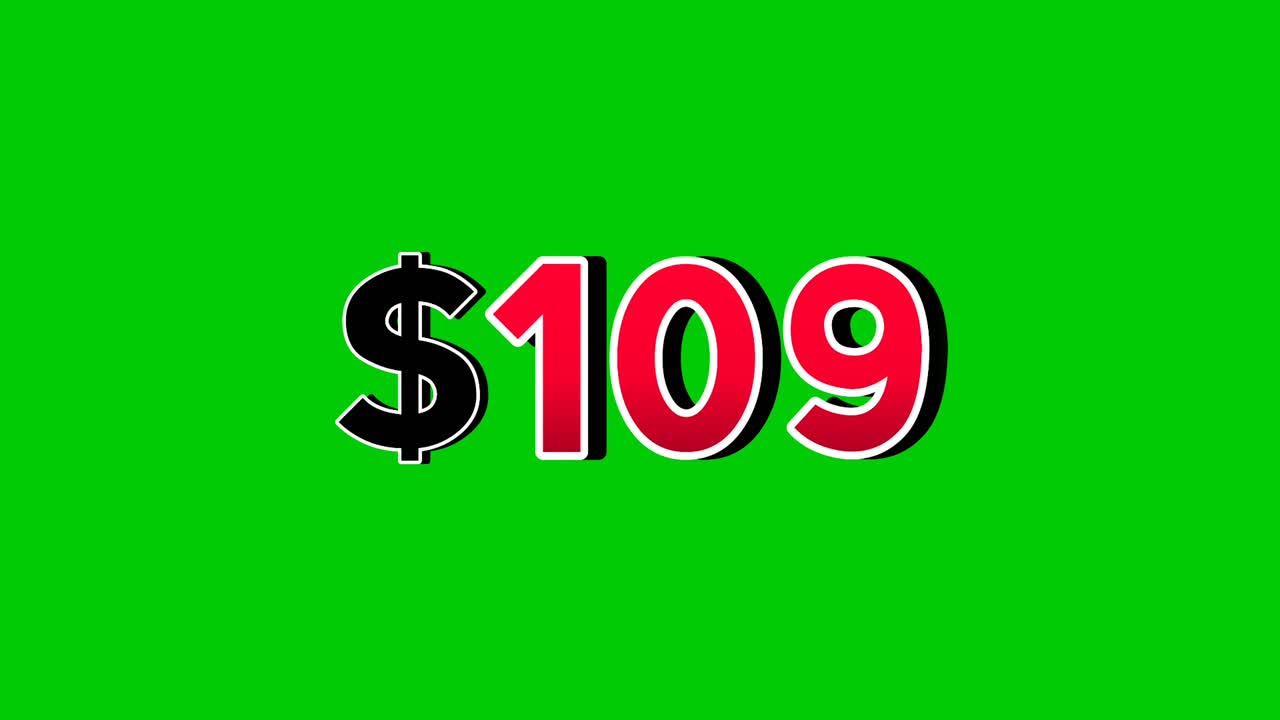 Animation number $109 dollar sign motion graphics, red font with white and black outlines green screen background vibrant red numbers. Video 3D effect with shadows for video elements business concept