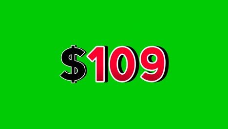 animation number $109 dollar sign motion graphics, red font with white and black outlines green screen background vibrant red numbers. video 3d effect with shadows for video elements business concept