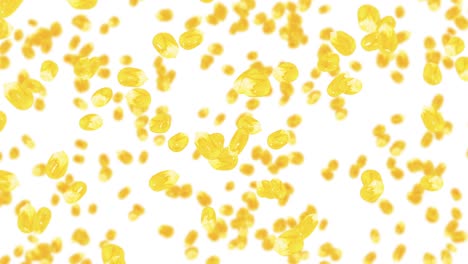 flying many corn grains on white background. yellow sweet corn seeds. vegetarian. healthy food. 3d loop animation of corn rotating.