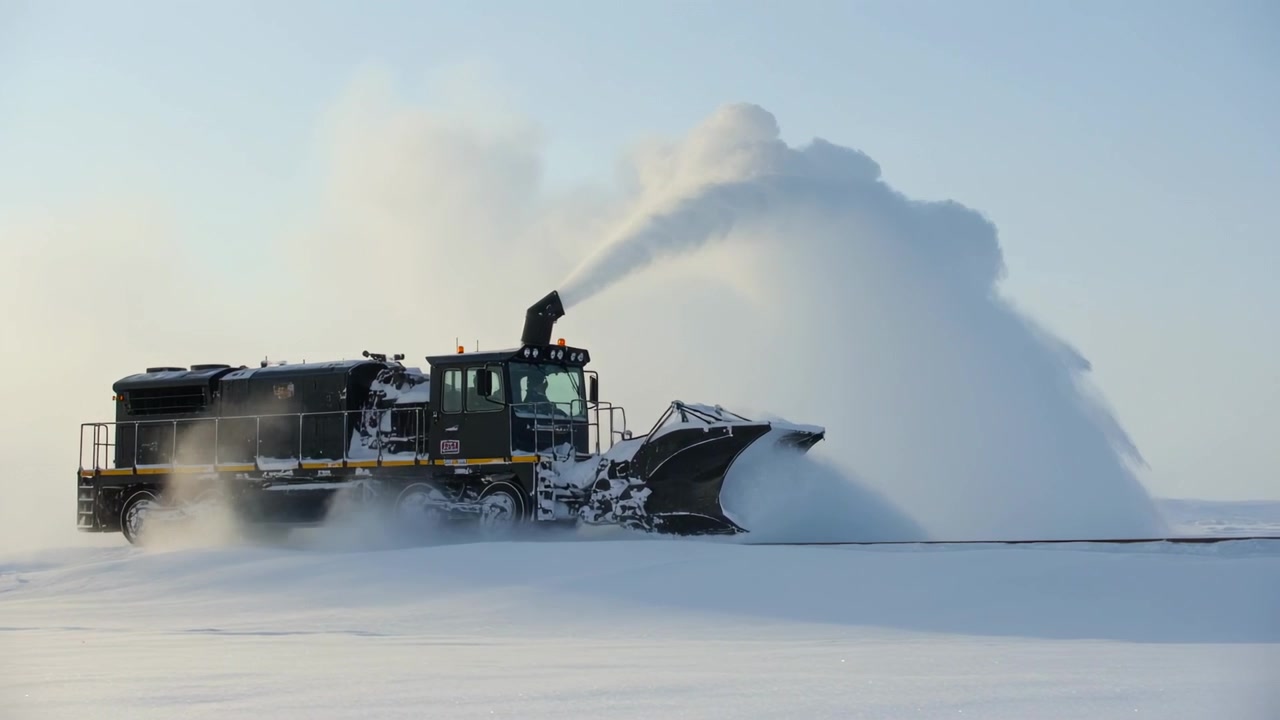 Clearing tracked vehicle front plow engaging packed ridge on runway, blowing high plume for safety
