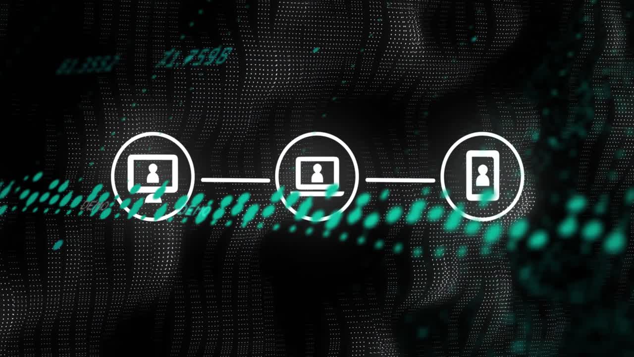 Animation of network of connections with icons over data processing on black background