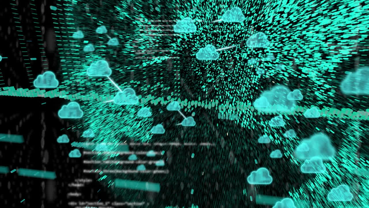 animación de iconos de nube con conexiones y procesamiento de datos en todo el mundo