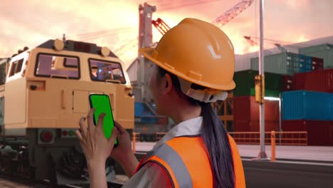 close up back view of asian female engineer with safety helmet working on a green screen smartphone and looking around with freight cargo train at port
