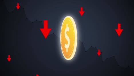 moneda de oro con signo de dólar girando con flechas rojas bajando