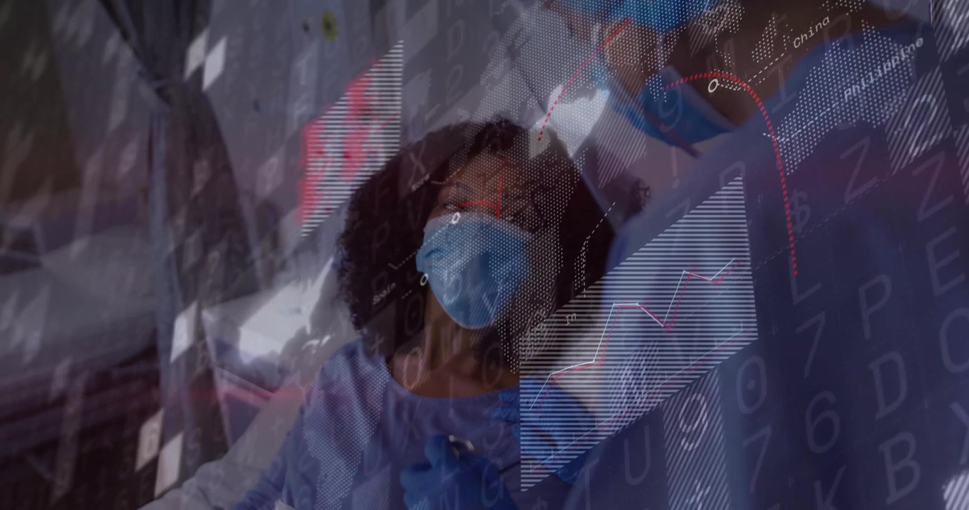 Doctor revisando la tableta, colocando el estetoscopio en el paciente para monitorear los signos vitales con una superposición animada.