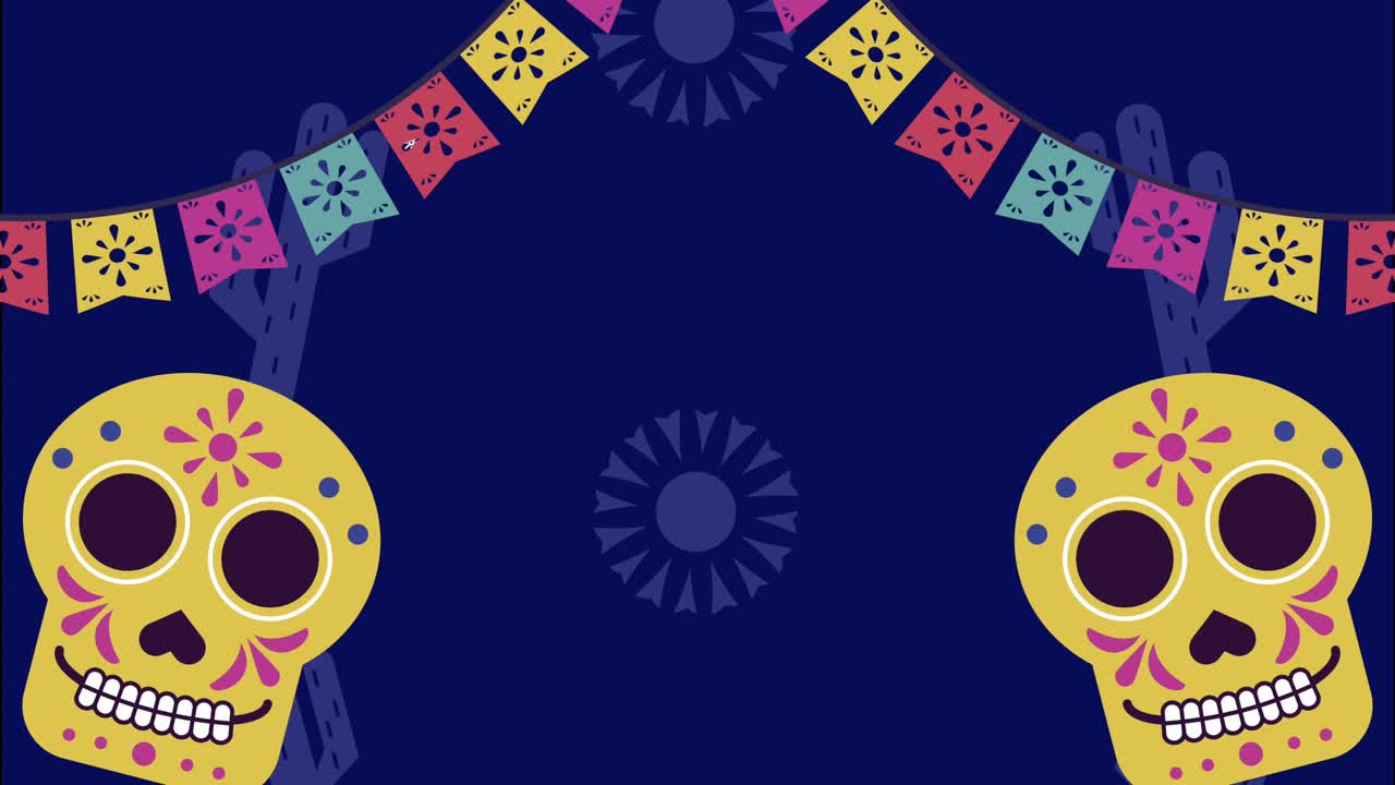 Festa mexicana com caveiras e guirlandas