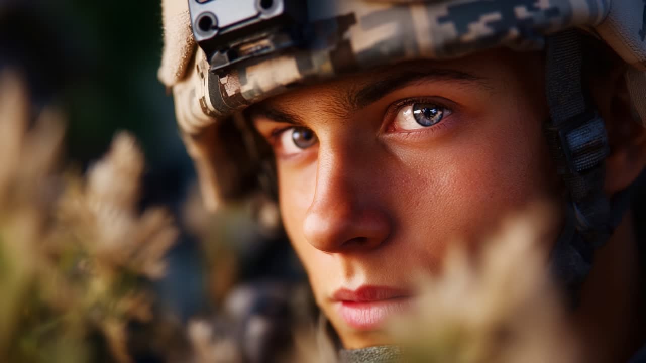 Primo piano intenso dello sguardo concentrato di un giovane soldato immerso nella vegetazione naturale, che cattura l'essenza della determinazione e della resilienza in contesti militari