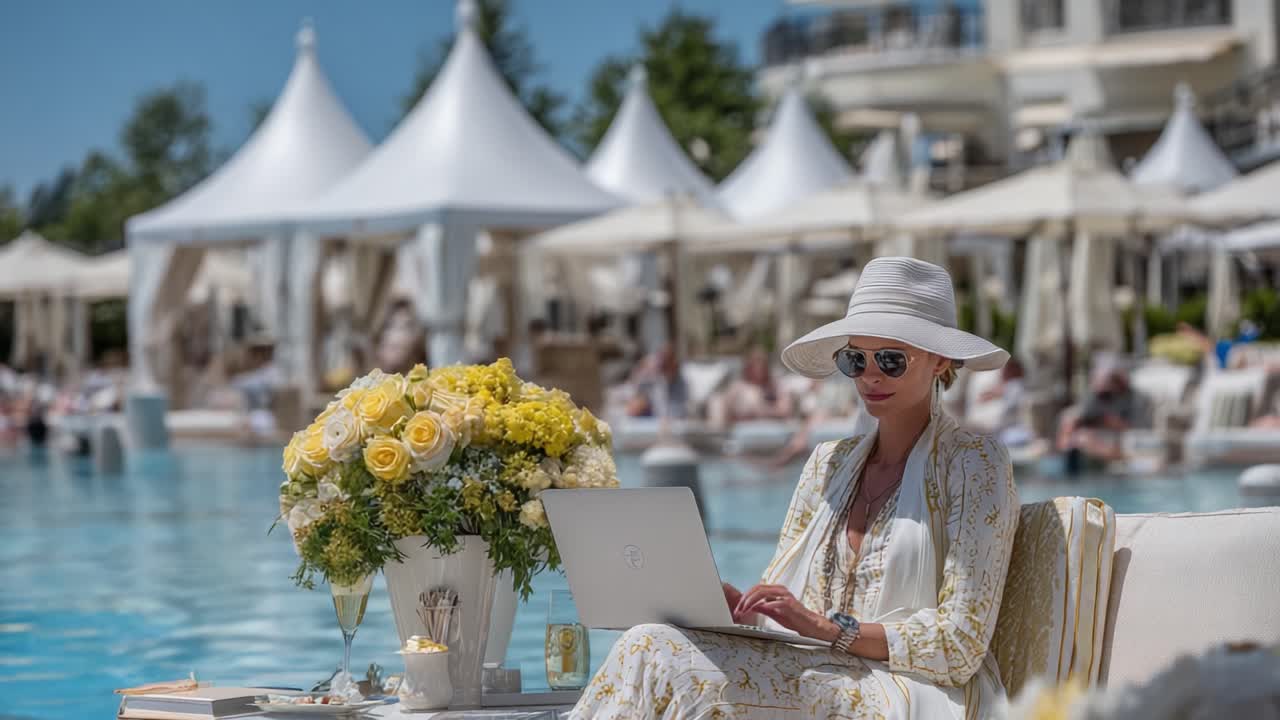 Luxurious Poolside Scene Featuring a Relaxed Woman in Stylish Attire, Engaged with Her Laptop While Surrounded by Vibrant Flowers and Elegant Cabana Tents