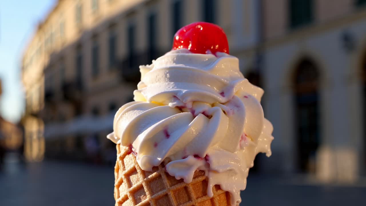 Creamy vanilla ice cream with a candied cherry on top melting under the summer sun in a waffle cone, with a blurred city center in the background