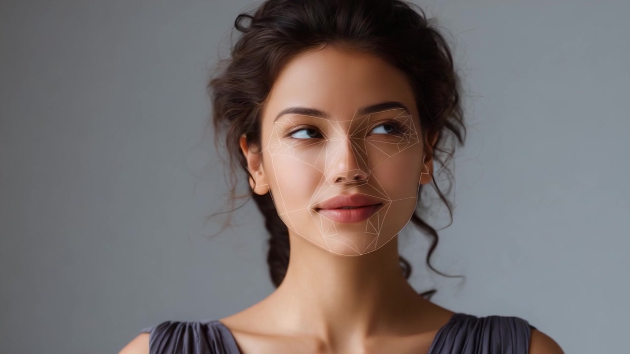 Ritratto accattivante di una modella con linee geometriche che esaltano i tratti del viso su uno sfondo morbido, mostrando bellezza ed emozione in due inquadrature.