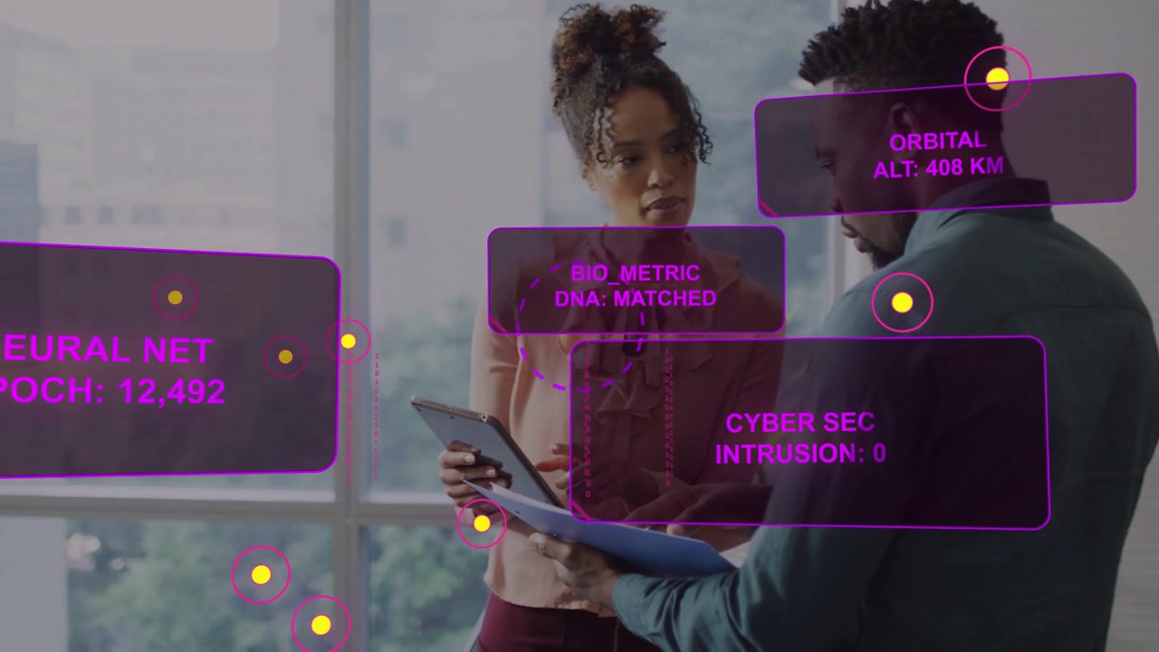 Pair tapping tablet pointing folder, overlaying purple HUD panels showing tech security orbit data