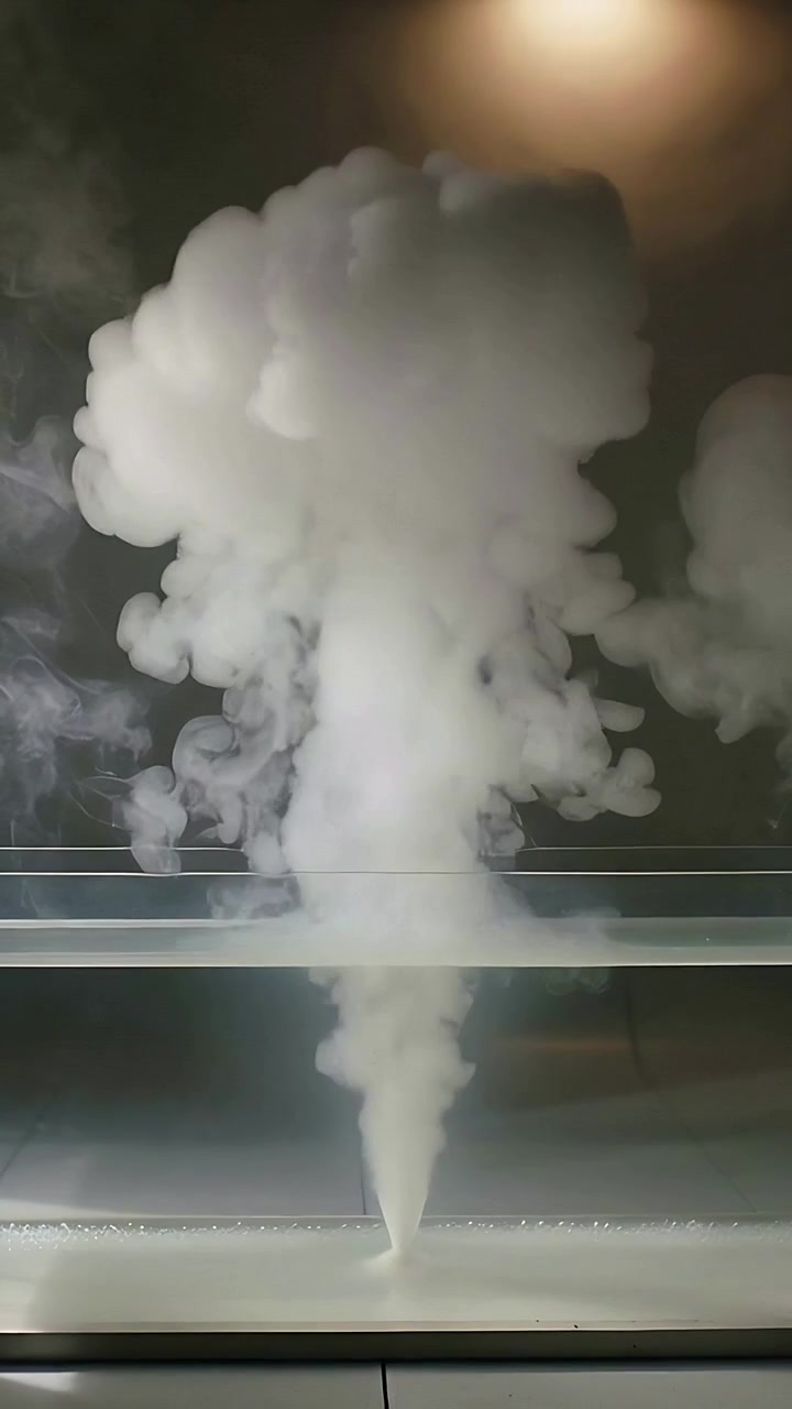 Vídeo vertical: Pluma de vapor ascendente expandindo-se em um tanque de vidro a partir de um bocal na base, exibindo o fluxo