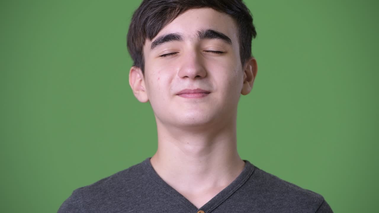 초록색 배경에 젊은 잘생긴 이란 십대 소년