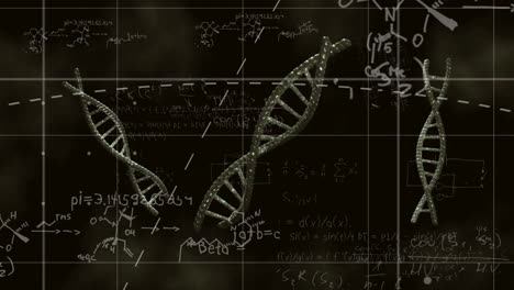 cadenas de adn y ecuaciones matemáticas animación sobre fondo oscuro