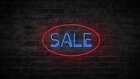 flashing red and blue sale sign turning on and off with flicker on a brick wall