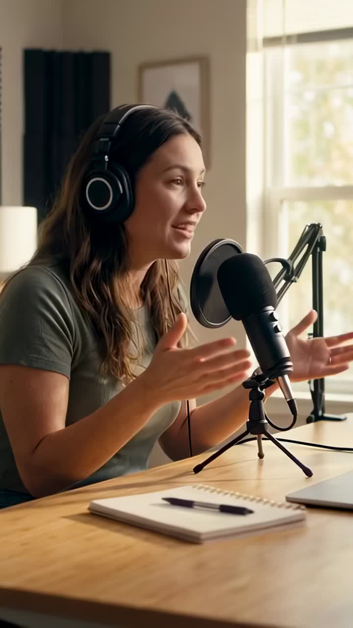 Vertical video: Starting podcaster speaking at home studio desk, recording with mic and laptop