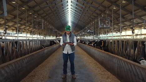 animal farmer hands holding tablet closeup. focused supervisor working in shed.