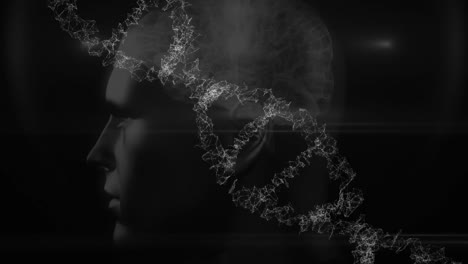 animación de una cadena de adn en 3d girando sobre la cabeza humana